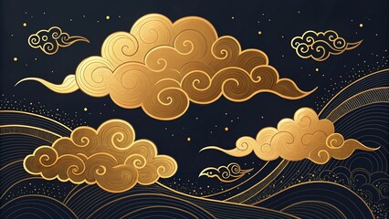 digital illustration of golden clouds with intricate patterns and stylized waves against a dark celestial background evoking artistry, elegance, and fantasy