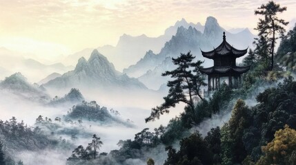 A traditional pavilion stands on a rocky outcrop as soft mist envelops the mountains at dawn. The serene atmosphere highlights the natural beauty of the surrounding landscape