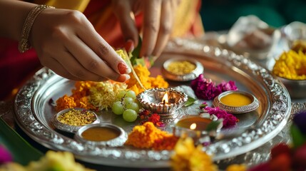 Woman Arranging Flowers and Offerings on a Silver Tray
