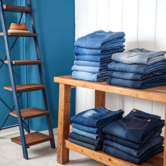 A vibrant display of stacked denim jeans in various shades of blue on wooden shelves 