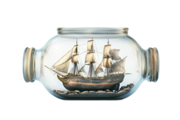 A Majestic Sailing Ship, A Tiny World Captured In A Glass Bottle, Evoking Dreams Of Faraway Lands And Timeless Voyages With Soft Lighting And A Clear Glass Vessel Isolated on Transparent Background