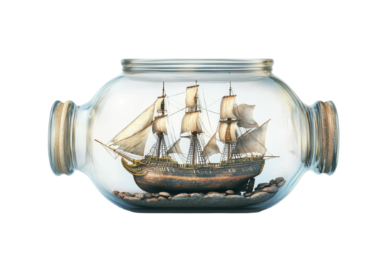 A Majestic Sailing Ship, A Tiny World Captured In A Glass Bottle, Evoking Dreams Of Faraway Lands And Timeless Voyages With Soft Lighting And A Clear Glass Vessel Isolated on Transparent Background