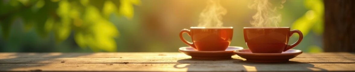 Steaming hot tea in clay cups placed on a wooden table amidst afternoon sunlight, clay, sunbeams, light