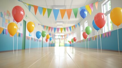 Colorful Balloons Decorate School Hallway for Festive Celebration