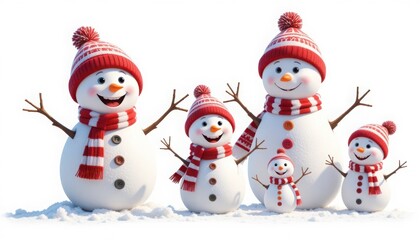Obraz premium Snowman Family Together Enjoying Winter Fun with Red and White Accents
