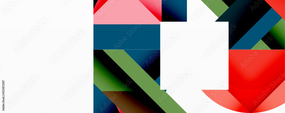 Poster Abstract geometric composition with interlocking circular and angular shapes, featuring smooth gradients and sharp contrasts on a white background