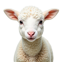 Fototapeta premium Cute baby lamb portrait isolated on transparent background. Fluffy white fleece, pink nose. Ideal for Easter, spring, farm, baby, innocence themes.
