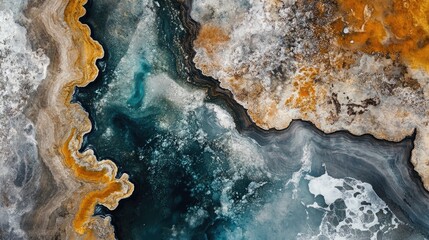 Fototapeta premium Abstract Aerial View of a Stunning Coastal Landscape with Teal Water and Golden Yellow Mineral Deposits