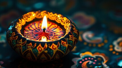 Decorated Diya Candle Burning Brightly