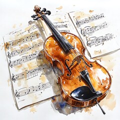 Naklejka premium A Watercolor Painting of a Violin Resting on Musical Sheet Music. The image depicts a detailed rendering of a classic string instrument.