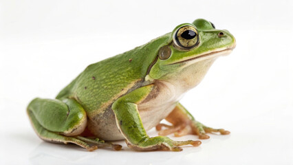 Fototapeta premium tiny frog sitting still on white background, showcasing its vibrant green color and unique features. This captures essence of nature beauty and tranquility