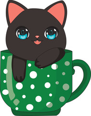 Cute Black Cat In Coffee Mug Vector