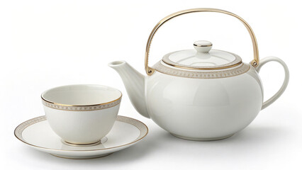 white ceramic teapot with matching teacup and saucer, elegantly designed with gold accents, perfect for refined tea experience