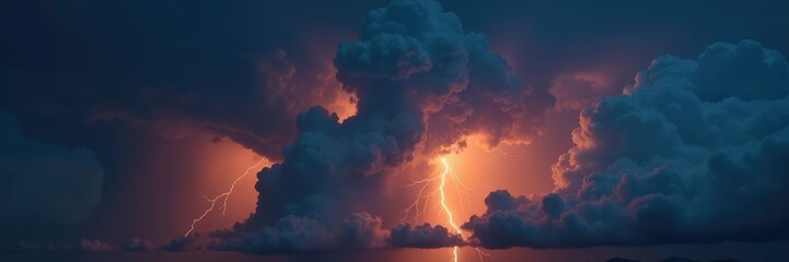 Stormy night sky with towering dark clouds and lightning flashes, orange, darkclouds