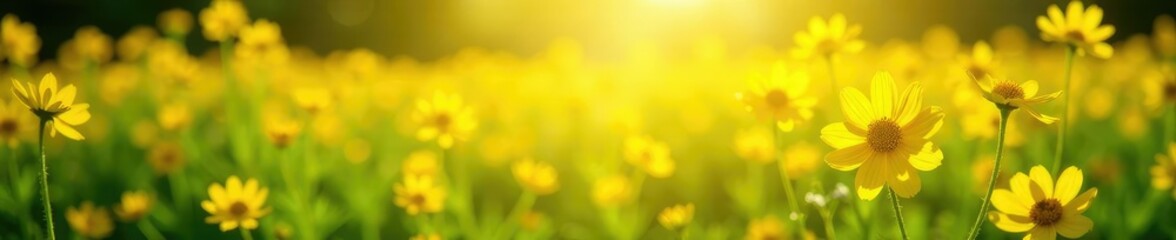 Fototapeta premium Warm sunlight shines on a sea of yellow flowers, green, field, sunshine