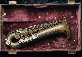 Naklejka premium An old saxophone in its case, with buttons and keys scattered around it. The instrument is made of brass or copper, with the tip covered by some metal rings that could be used to change notes