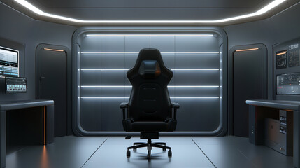 Command Center Interior: A modern, high-tech control room or command center. The room features a large ergonomic chair as the focal point and a futuristic, minimalist design with a metallic finish.