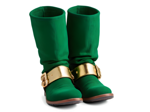 A pair of traditional leprechaun boots with curled toes and golden buckles, isolated on a crisp white background.
