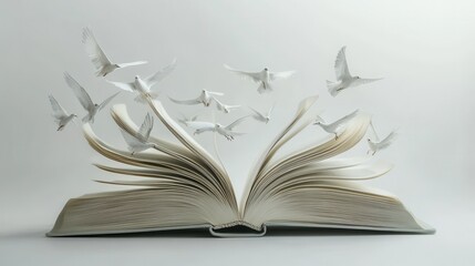 an open book with doves flying out.