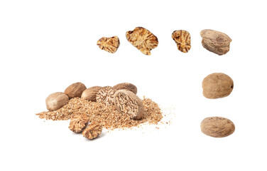 Nutmeg Isolated, Myristica Fragrans Fruit, Dry Spicy Nutmeg Powder, Grated Whole Muscat Nut, Nut Meg