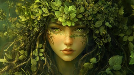 A beautiful woman adorns herself with floral and verdant elements