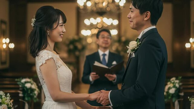 ウェディング。司会の前で手を握って見つめあう新郎新婦