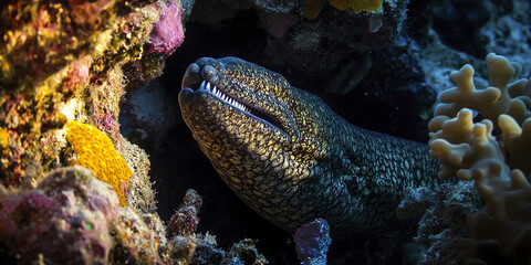 Giant moray eel peering from coral reef with vibrant colors
