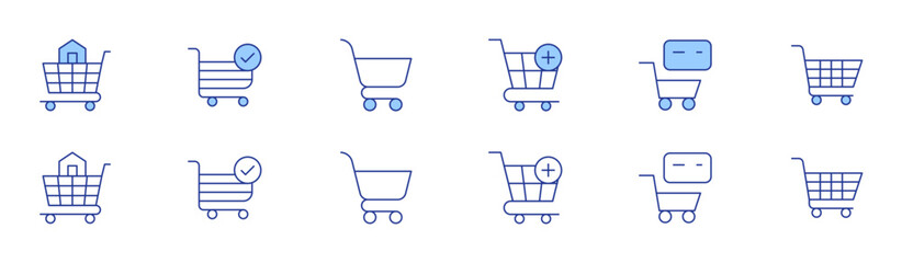 Shopping cart icon set in two styles, Duotone and Thin Line style. Editable stroke. cart, shopping, shopping cart