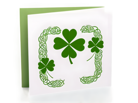 A festive greeting card featuring shamrocks, Celtic patterns, and elegant green typography on a white background.
