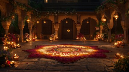 Illuminated Courtyard with Floral Mandala Design