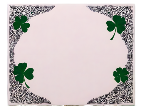 A festive greeting card featuring shamrocks, Celtic patterns, and elegant green typography on a white background.
