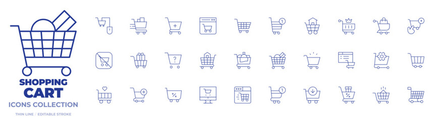 Shopping cart icons collection. Thin Line icons, editable stroke. online shop, consumerism, cart, online shopping, shopping bag, no shopping cart, add to cart