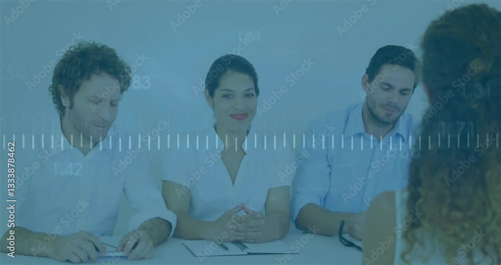 Aufkleber discussing data analysis, business team in office with graph animation overlay