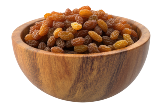 Raisins in a wooden bowl Isolated on transparent background
