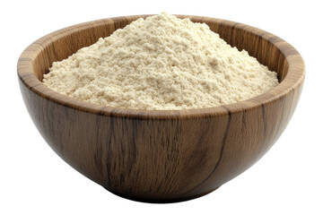 Raw chickpea flour in a wooden bowl Isolated on transparent background