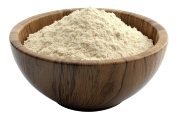 Raw chickpea flour in a wooden bowl Isolated on transparent background