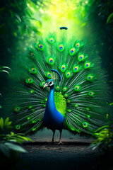 Obraz premium A peacock with its feathers spread out in the jungle