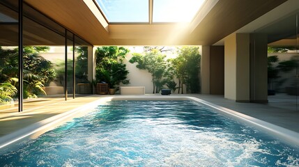 Obraz premium Indoor spa pool with lush greenery. Tranquil modern oasis
