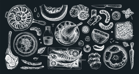 Farm food hand-drawn vector illustrations. Rustic kitchen engraved style sketches. NOT AI generated.