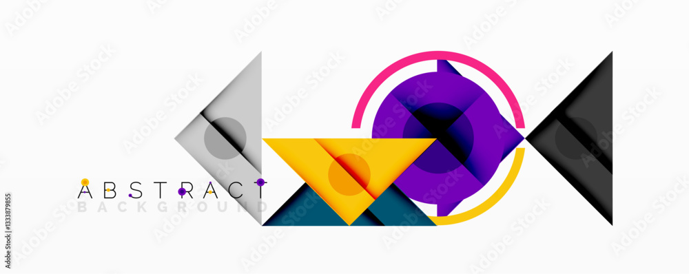 Poster abstract geometric composition with intersecting triangles, circles, and gradients, creating a dynam