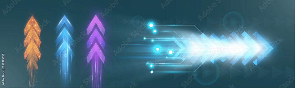Poster futuristic speed background with glowing arrows, motion blur, digital technology concept, fast-movin