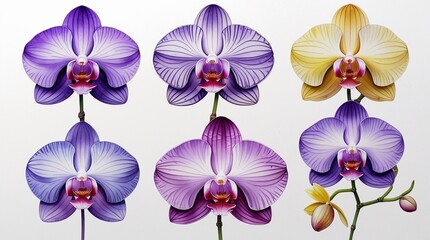 The collection features six watercolor orchid flowers in shades of purple, lavender, pink, and yellow, showcasing their unique characteristics and a botanical aesthetic, showcasing the beauty and dive