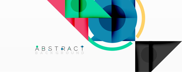 Abstract geometric composition with overlapping triangles, circles, and gradients, featuring a central circular design with text
