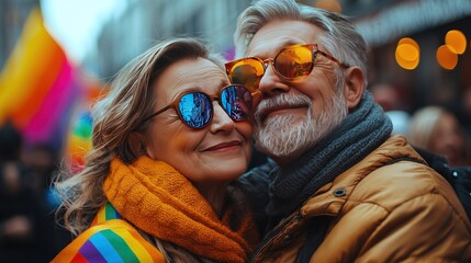 Senior couple embracing at a pride parade
