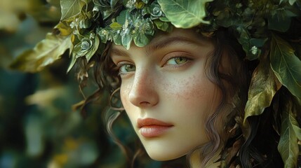 A beautiful woman wearing a leafy crown looks forward intently