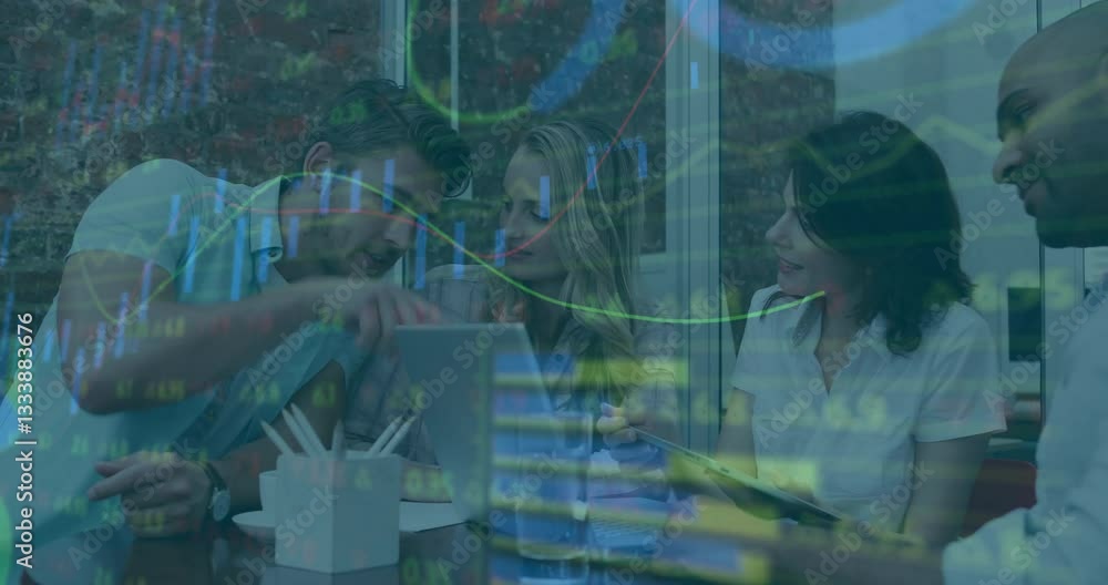Poster business team collaborating at table with financial data animation overlay