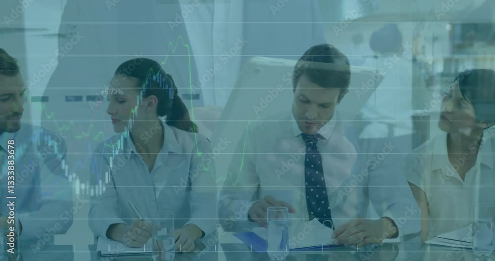 Poster processing financial data, business professionals working at table with animation overlay