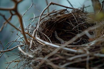 Birds Constructing a Nest with Twigs and Grasses: A Detailed Close-up View of Avian Architecture and Nest Building Behavior in Nature, Highlighting the Intricate Structure of a Bird's Home Made from N