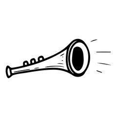 Wind musical instrument trumpet. Hand drawn doodle. French horn, pipe, bugle. Sound source. Musician's equipment. Blowing air. Vector line art illustration.