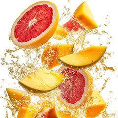 Grapefruit and Mango Slices Falling Into Water Isolated on Transparent Background